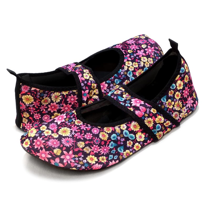 Nufoot Futsole Women's Soft-Sided Shoes for Indoors/Outdoors, Foldable & Flexible Footwear for Sport, Exercise, Yoga or Travel, Dance Shoes, Purple Daisies, Large - Image 1